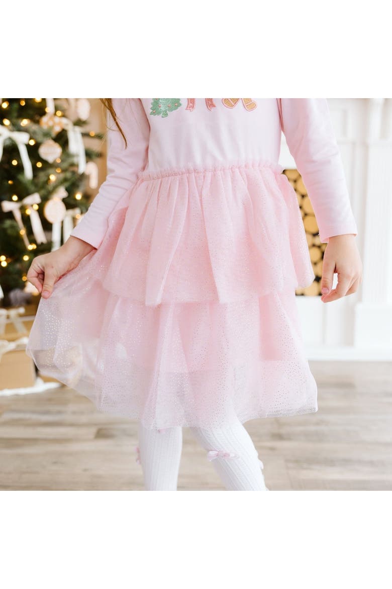 Gingerbread Embroidered Christmas Long Sleeve Tutu Dress, Alternate, color, Pink