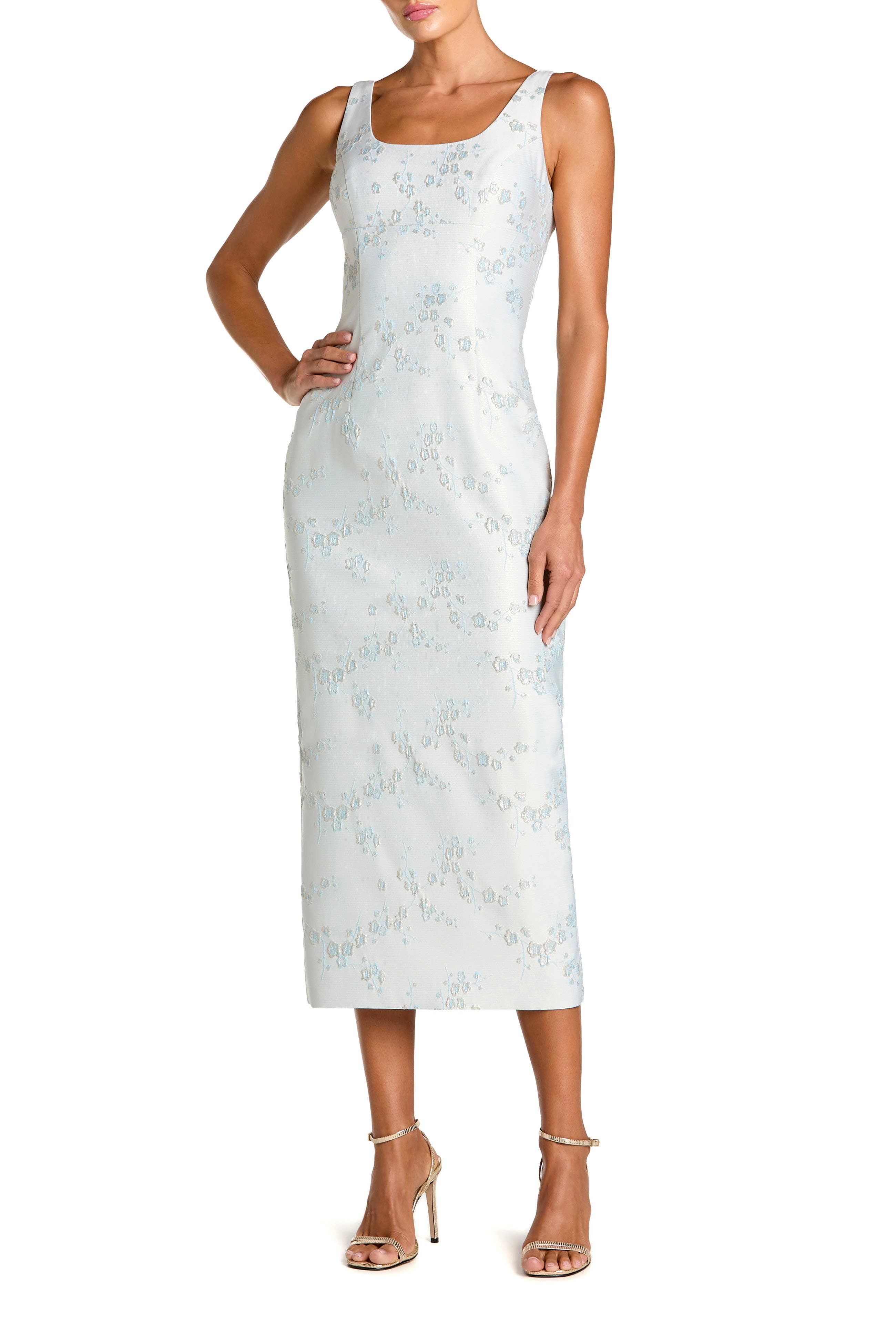 slim strap scoop neck bustier brocade midi dress Mac Duggal Petite Slim Strap Scoop Neck Bustier Brocade Midi Dress