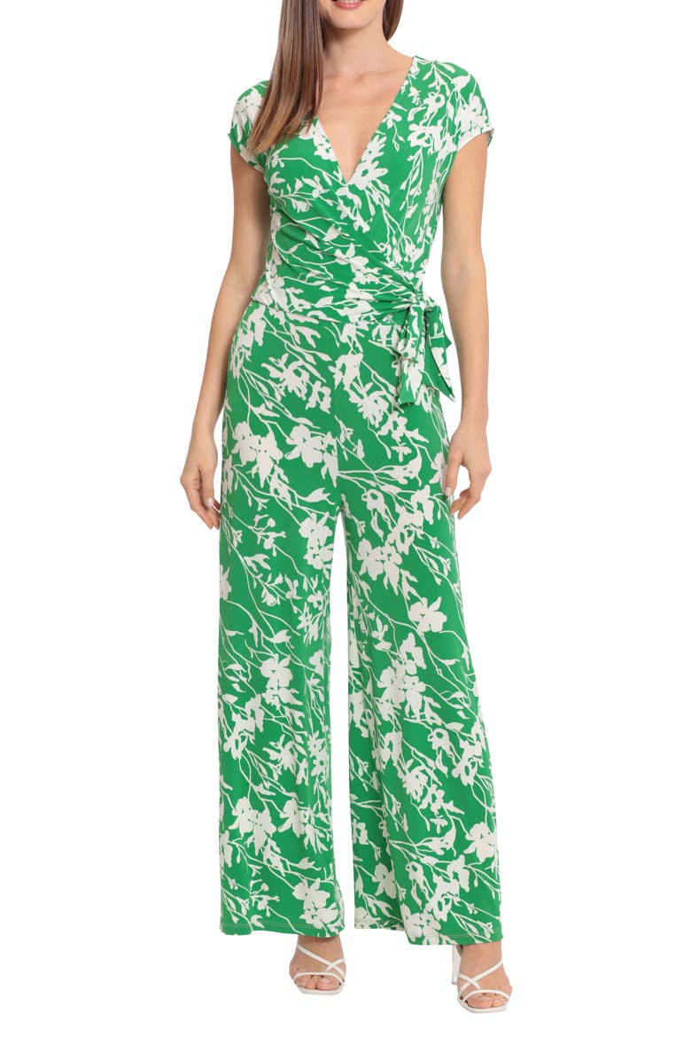 Floral Cap Sleeve Wrap Tie Jumpsuit, Main, color, GRN/IVORY