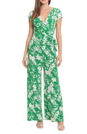 Maggy London Floral Cap Sleeve Wrap Tie Jumpsuit In Green