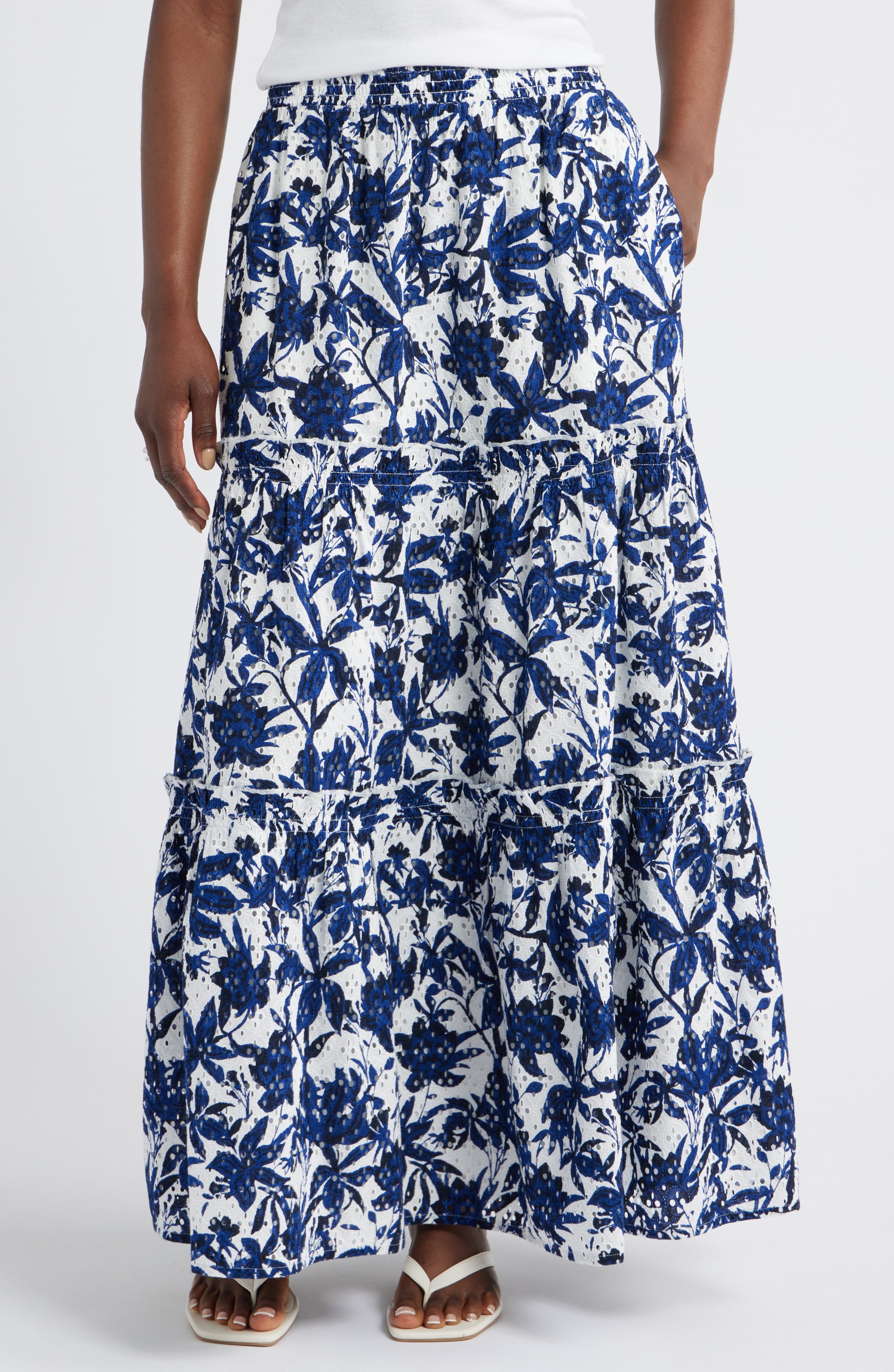 Caslon® Printed Eyelet Tiered Skirt