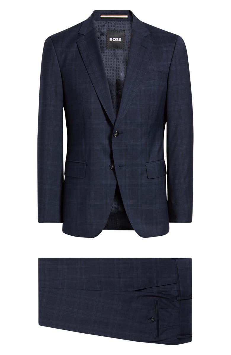 BOSS Huge Slim Fit Navy Check Virgin Wool Suit, Main, color, Dark Blue