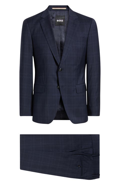 Huge Slim Fit Navy Check Virgin Wool Suit