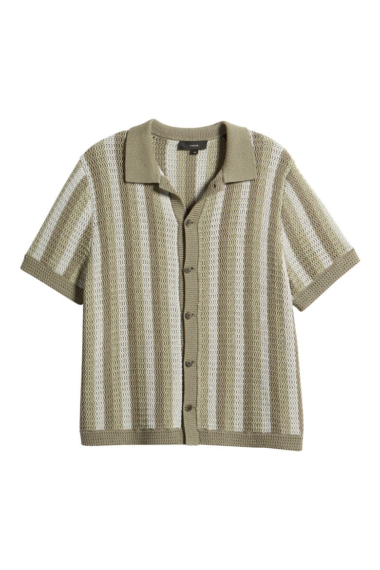 Crochet Stripe Short Sleeve Button-Up Cotton Sweater, Alternate, color, DRIED CACTUS COMBO