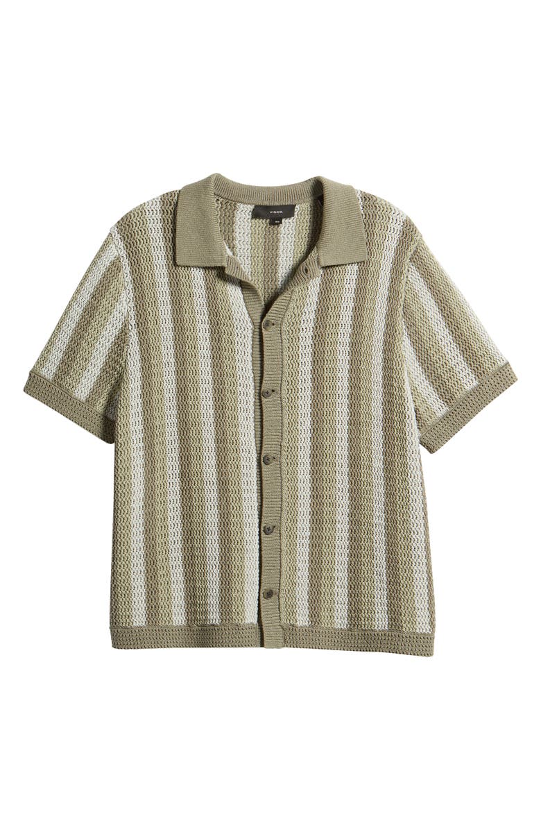 Vince Crochet Stripe Short Sleeve Button-Up Cotton Sweater, Alternate, color, 