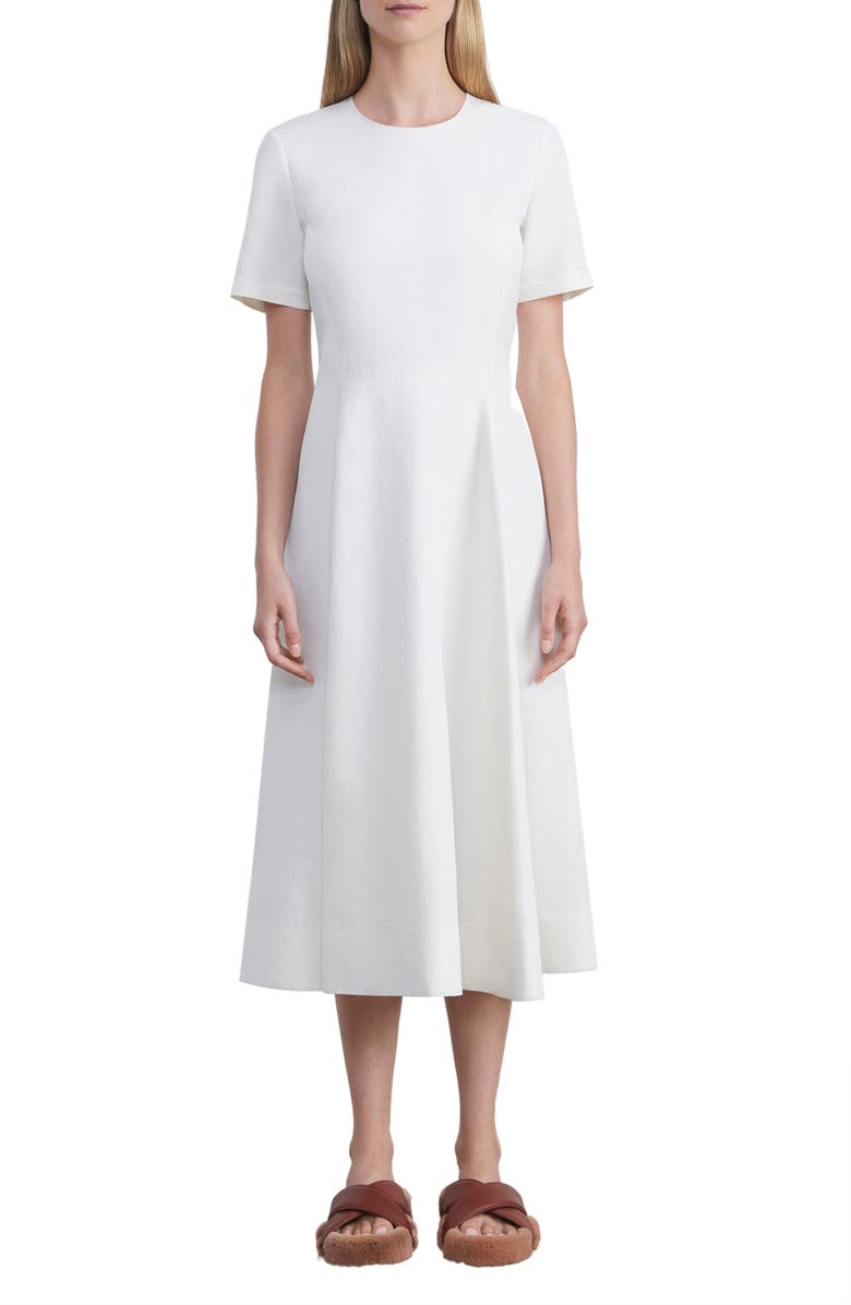 Lafayette 148 New York Short Sleeve Silk & Linen Fit & Flare Midi Dress, Main, color, 