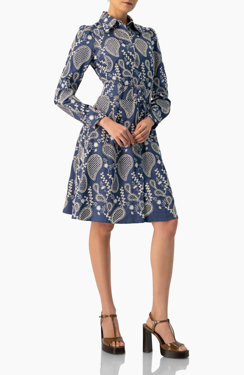IVONNE Long Sleeve A-Line Dress with Floral Embroidery, Alternate, color, Blue