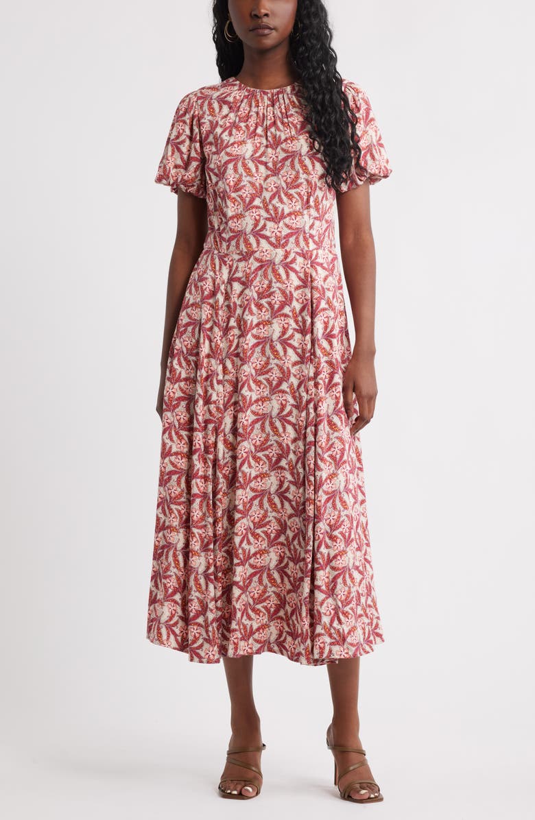 Chelsea28 Shirred Neck Puff Sleeve Midi Dress, Main, color, Pink Noel Boho