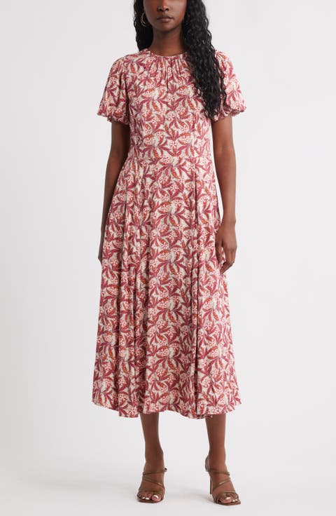 Shirred Neck Puff Sleeve Midi Dress