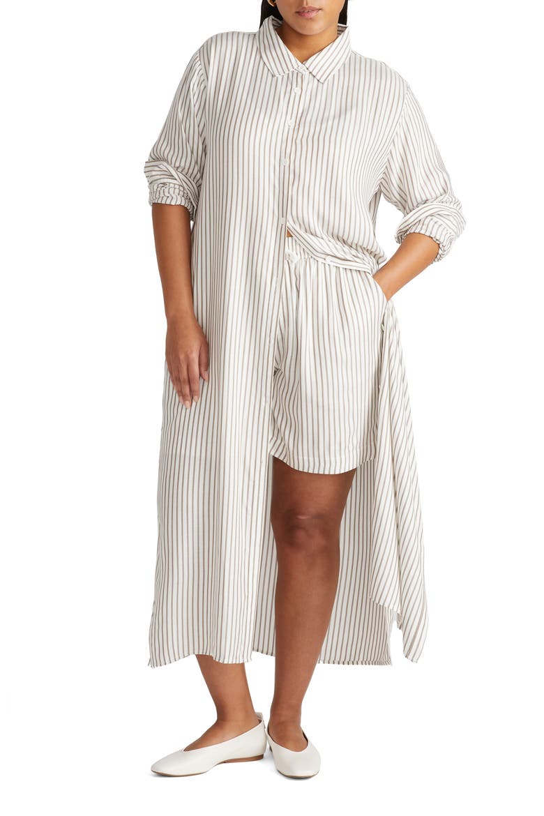 Nailah Stripe Longline Button-Up Tunic, Main, color, BEIGE/WHITE STRIPE