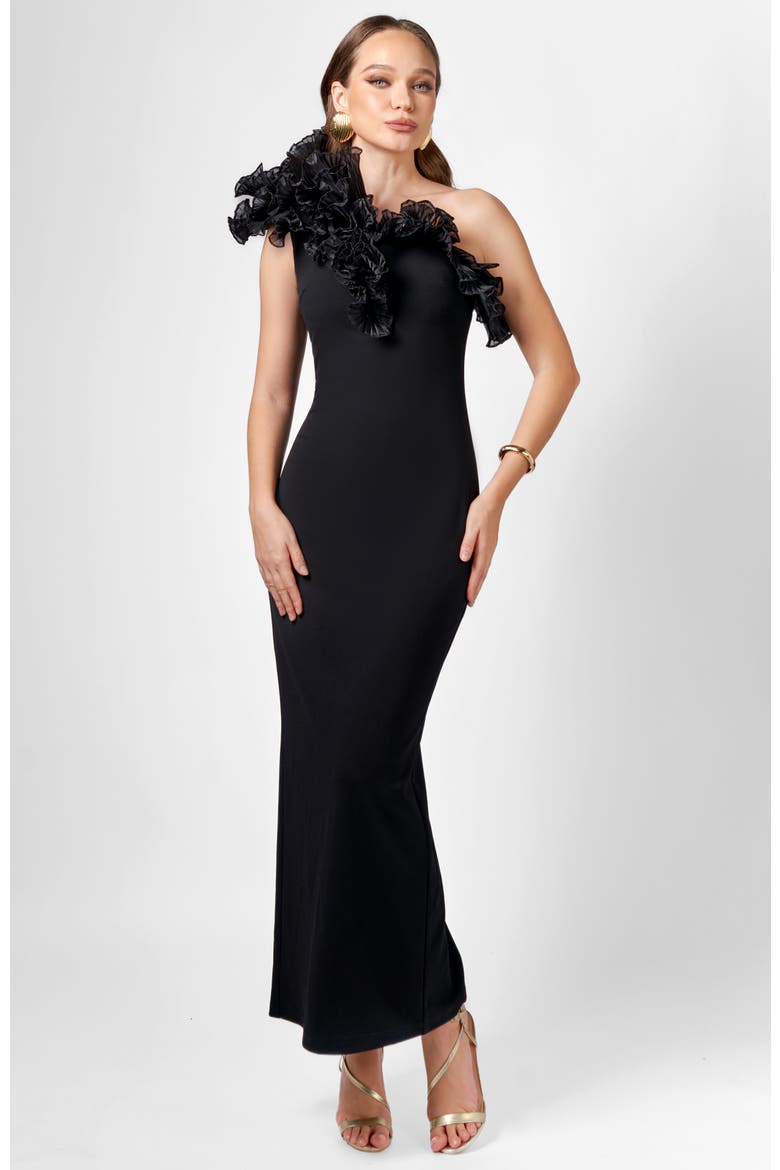 Elena One Shoulder Ruffle Midaxi, Alternate, color, BLACK