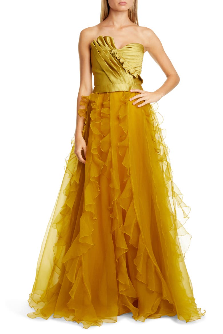 Ella Pleated Duchess Satin Strapless Top, Main, color, CHARTREUSE
