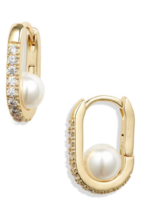 CZ & Faux Pearl Oval Hoop Earrings