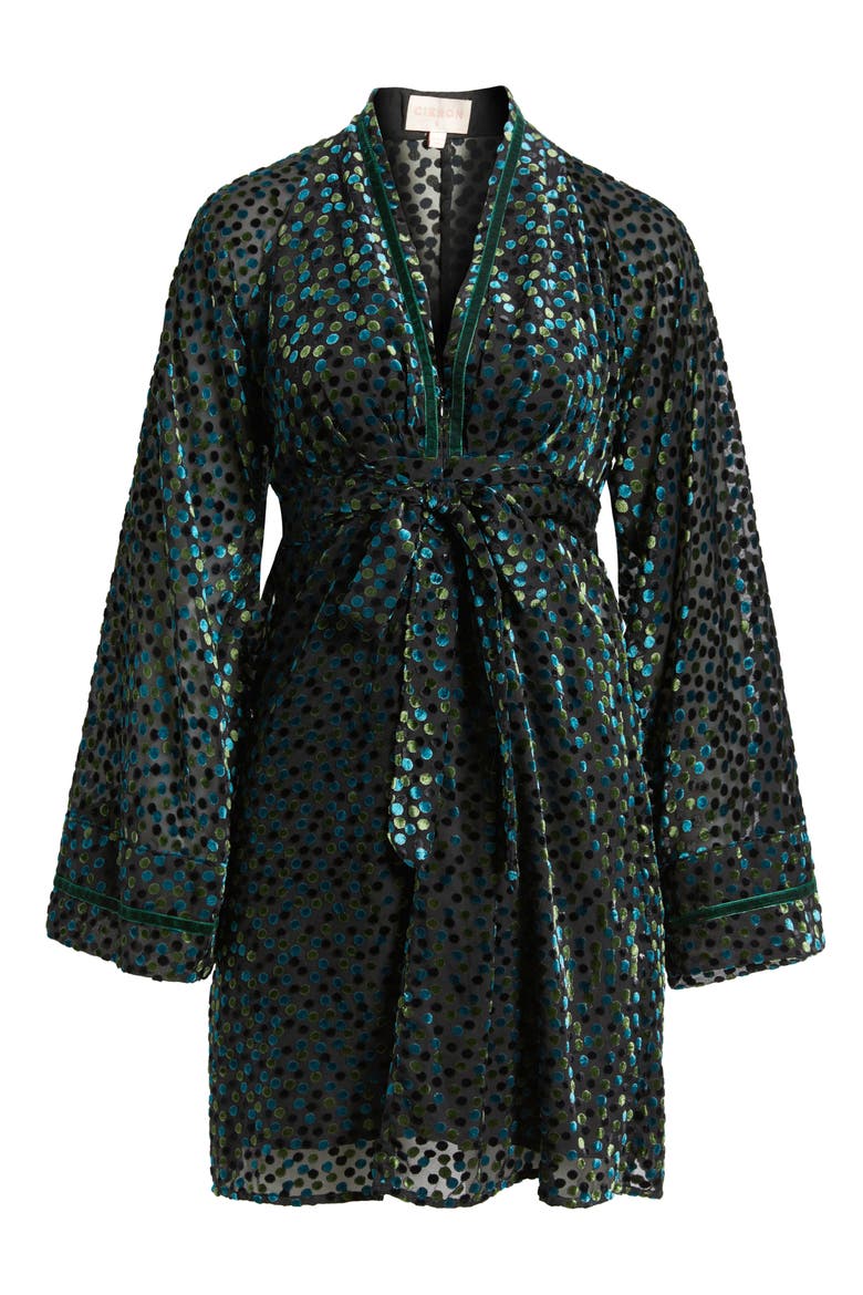 Amaia Velvet Flock Dot Long Sleeve Minidress, Alternate, color, GREEN
