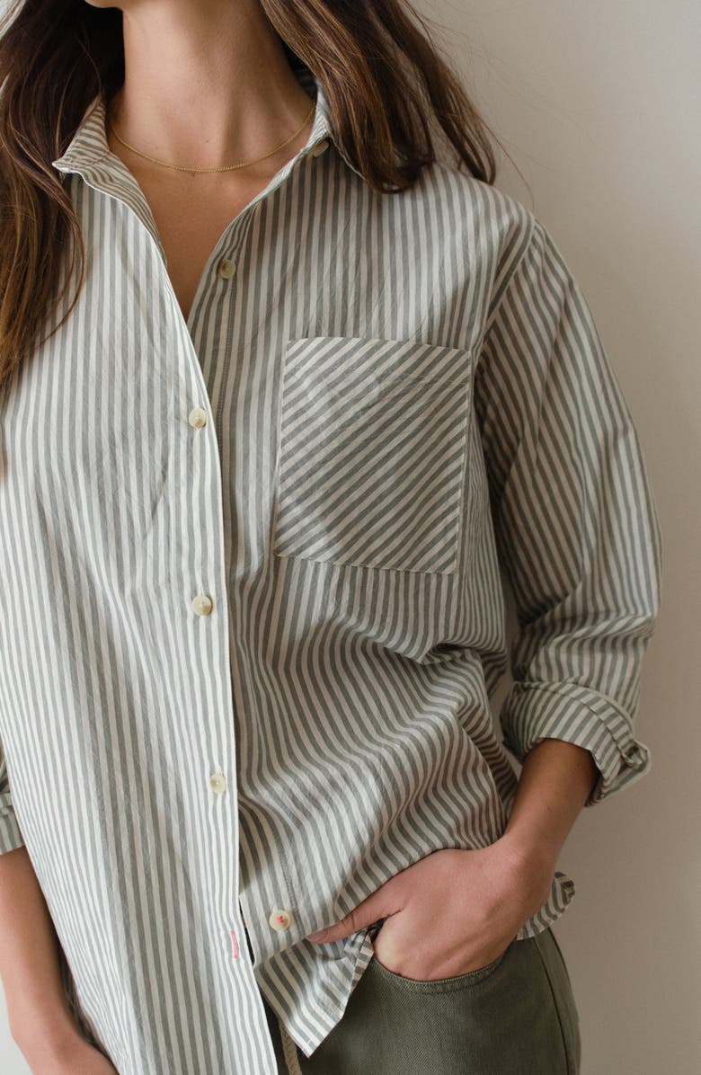 Marine Layer Jane California Relaxed Stripe Cotton Poplin Button-Up Shirt, Alternate, color, Olive Stripe