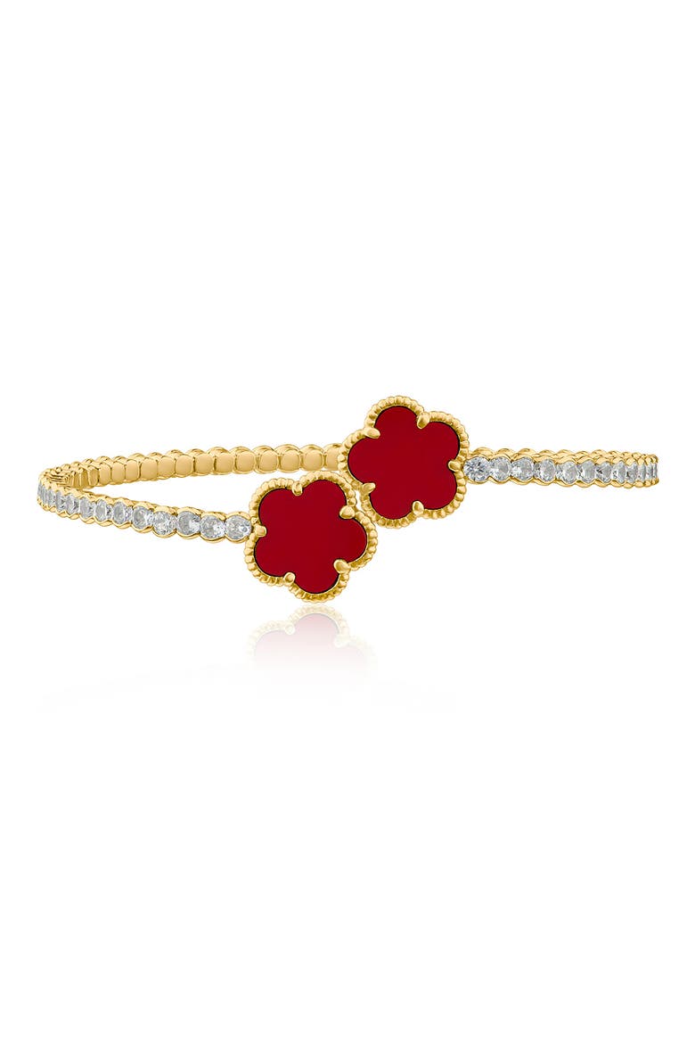 Cubic Zirconia & Synthetic Coral Clover Bypass Bracelet, Main, color, RED/ GOLD