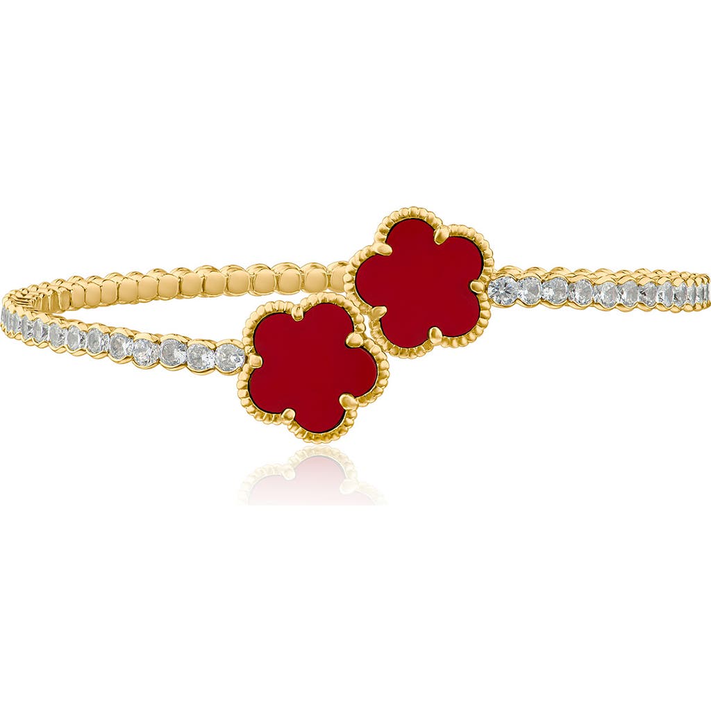 Cz By Kenneth Jay Lane Cubic Zirconia & Synthetic Coral Clover Bypass Bracelet In Gold
