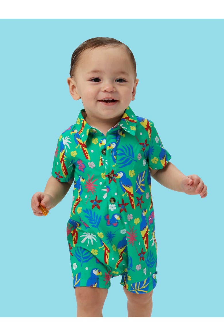 Baby Boys Woven Short Sleeve Button-up Romper, Alternate, color, Parrot Palms