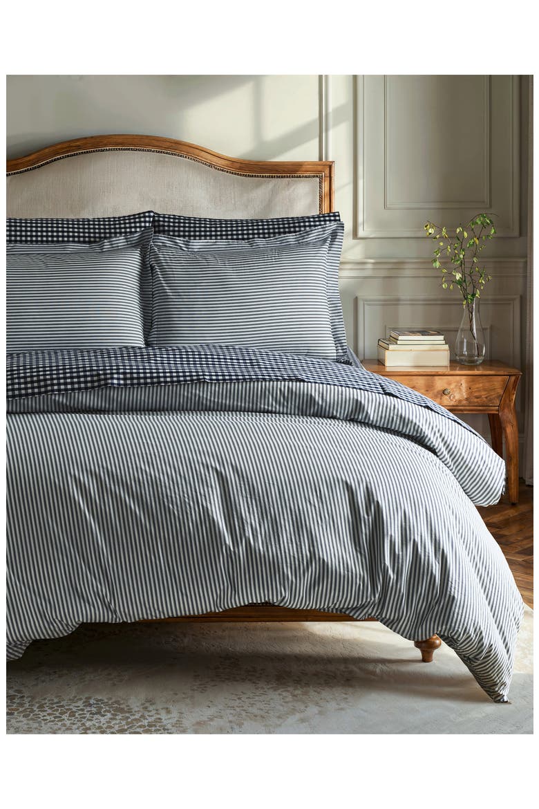 French Ticking Cotton Percale Duvet Cover & Shams Set, Alternate, color, NAVY