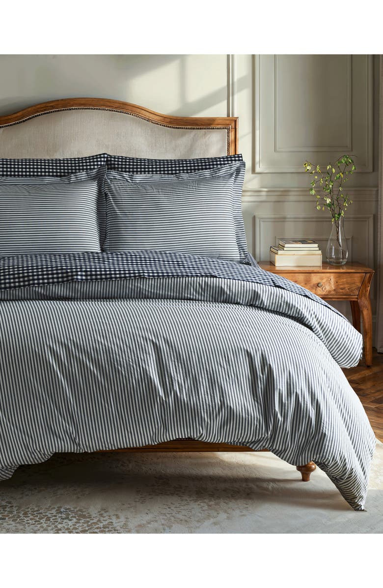 Petite Plume French Ticking Cotton Percale Duvet Cover & Shams Set, Alternate, color, Navy