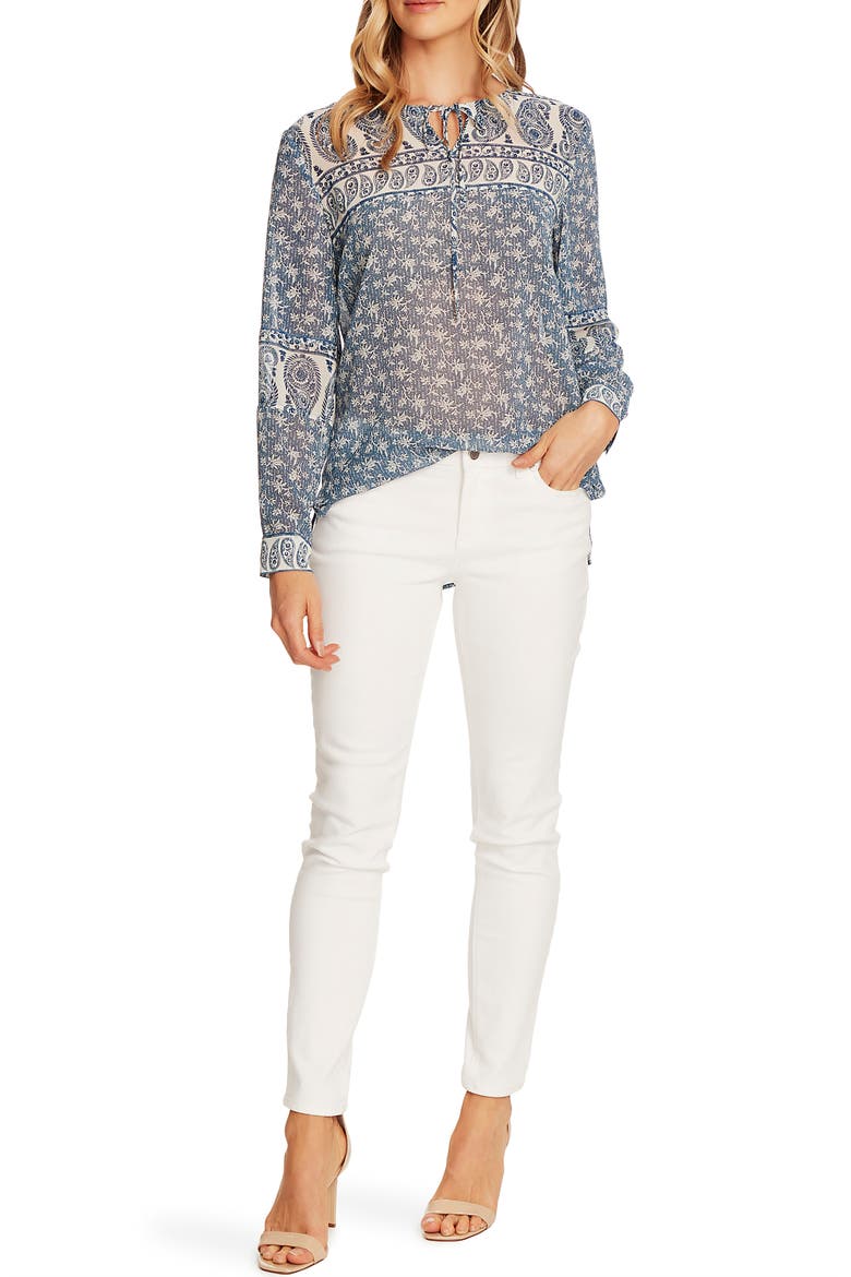 Mix Print Tie Neck Peasant Blouse, Alternate, color, NIGHT NAVY