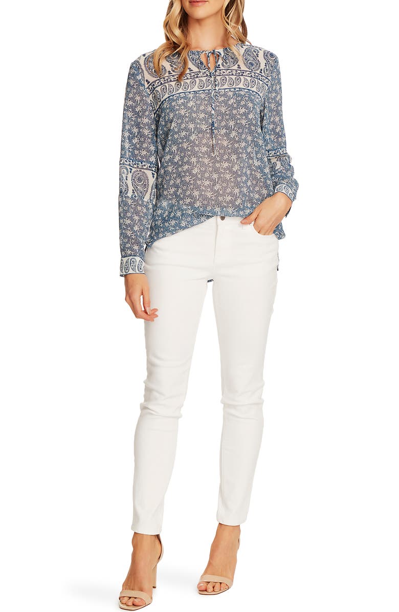 Vince Camuto Mix Print Tie Neck Peasant Blouse, Alternate, color,