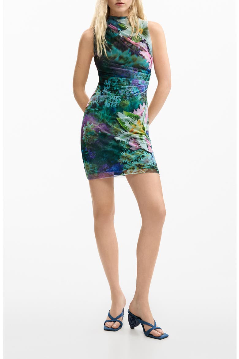 Floral Print Ruched Mesh Minidress, Main, color, GREEN