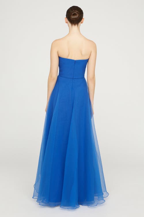 Theia Teresa Draped Strapless Gown In Blue