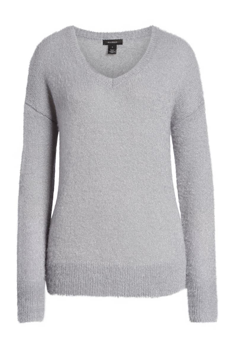 Fuzzy V-Neck Sweater, Alternate, color, GREY SCONCE