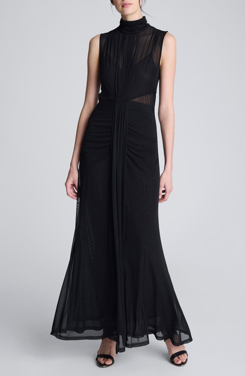 Kenneth Cole Pleated Illusion Neck Maxi Cocktail Dress, Main, color, Black