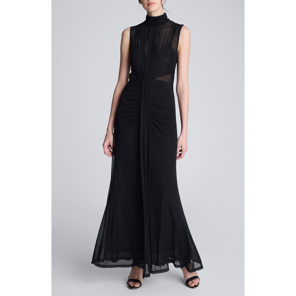 Kenneth Cole Pleated Illusion Neck Maxi Cocktail Dress In Black