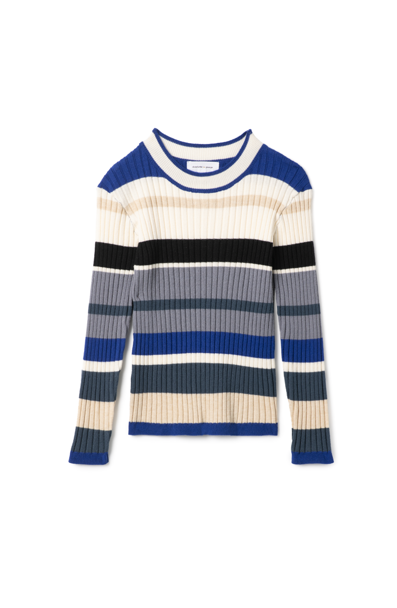 Charlotte & George Knit Rib Stripped Top, Long Sleeve Crewneck, Main, color, Denim/Almond