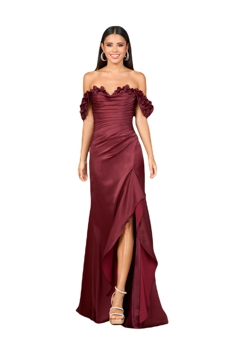LARA New York Off Shoulder Crepe Gown, Main, color, Burgandy