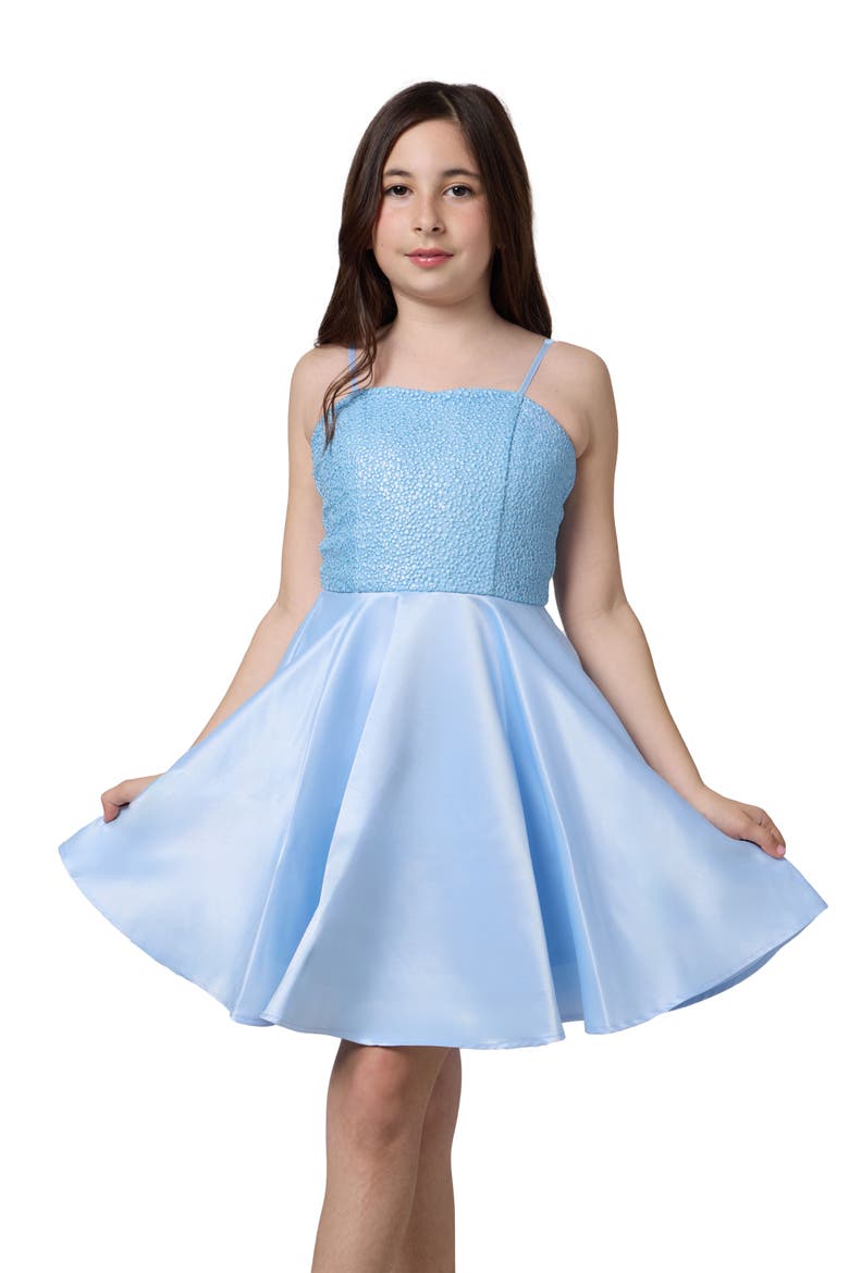 Sequin and Satin Party Dress in Longer Length, Main, color, Light Blue