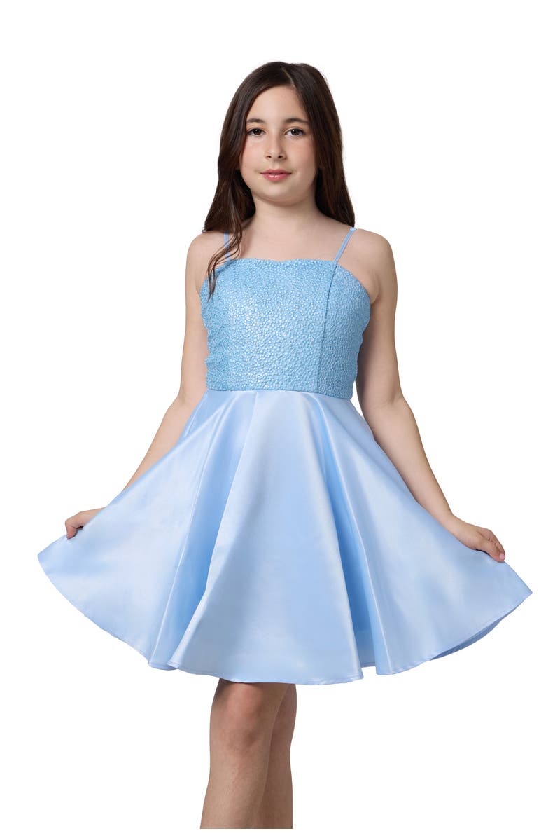 Un Deux Trois Sequin and Satin Party Dress in Longer Length, Main, color, Light Blue