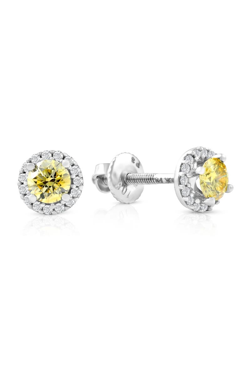 1/2 Ct Halo Fancy Canary Lab Grown Diamond Studs 10k Gold Earrings, Alternate, color, 10K White Gold