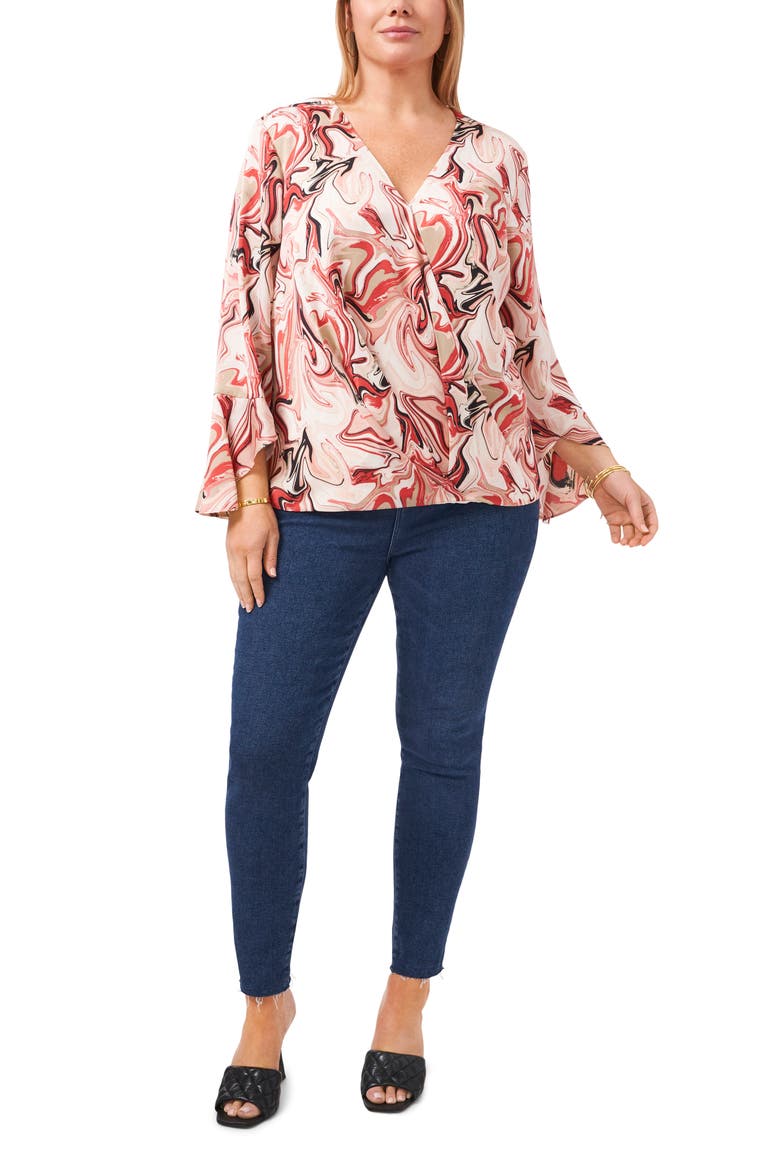 Flare Cuff Faux Wrap Blouse, Alternate, color, RED SEPIA