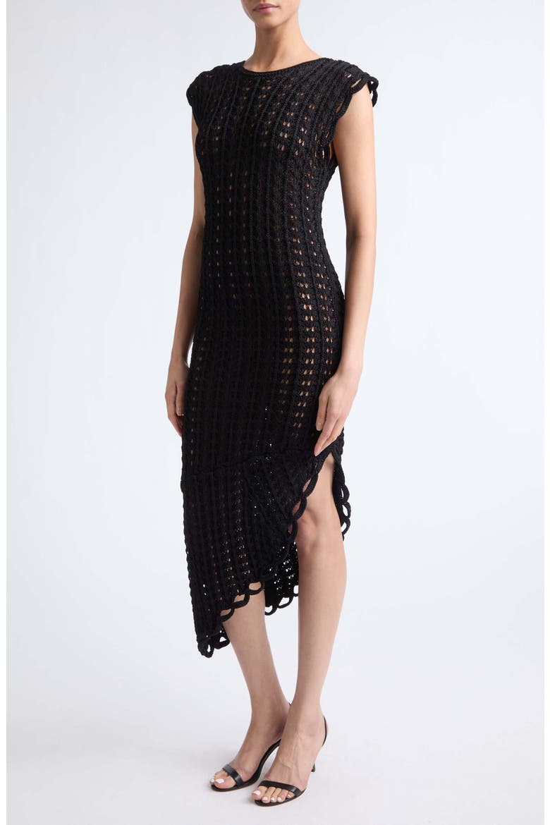 Malena Asymmetric Pointelle Sweater Dress, Alternate, color, BLACK
