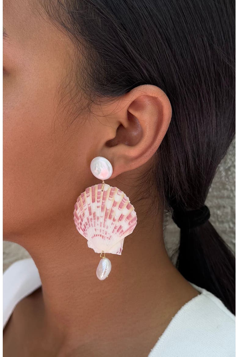 Shell & Faux Pearl Drop Earrings, Alternate, color, PINK