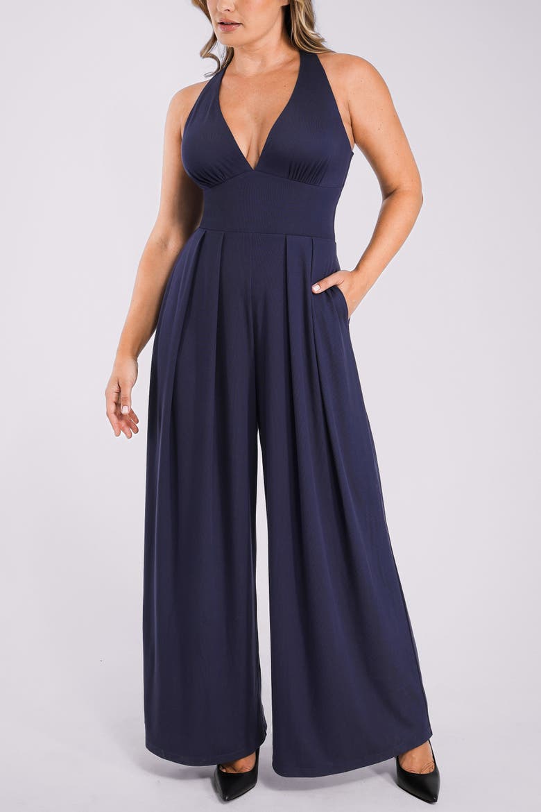 Plunge Shaping Wide Leg Jumpsuit, Main, color, Navy Blue