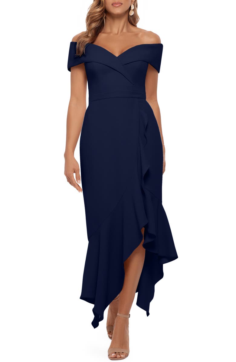 Xscape Evenings Off the Shoulder Handkerchief Hem Cocktail Dress, Main, color,