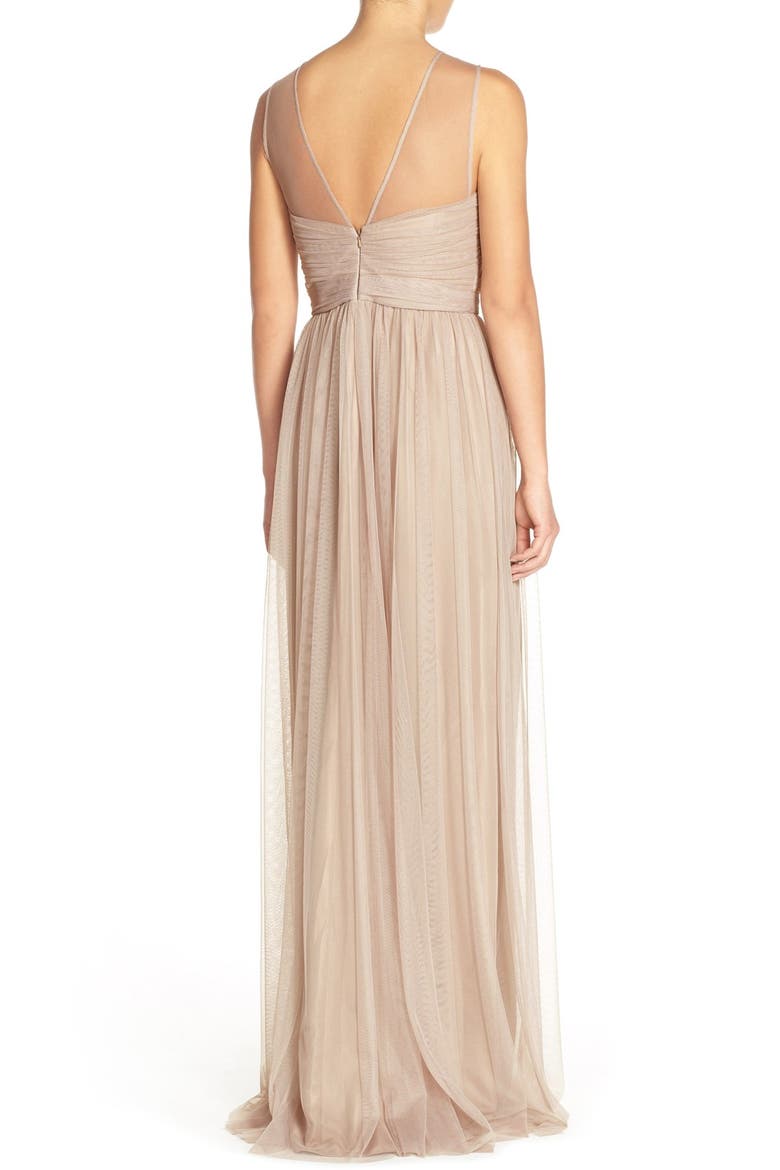 'Alyce' Illusion V-Neck Pleat Tulle Gown, Alternate, color, LATTE