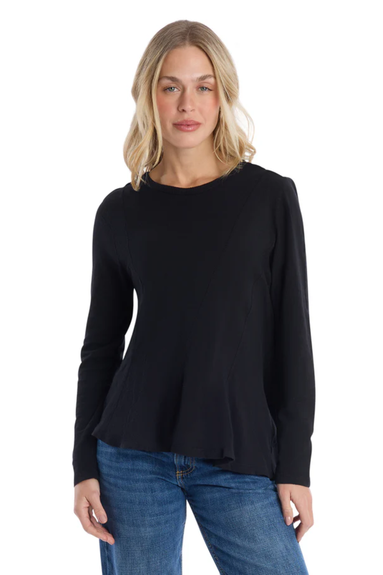 Round Neck Long Sleeve Tee with Asymmetric Hem & Body Seams, Alternate, color, Black