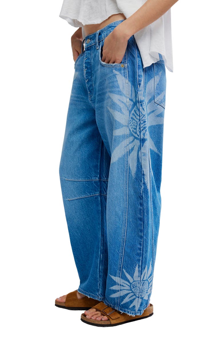 Free People Good Luck Floral Print Barrel Jeans, Alternate, color, Sun Fade Laser - Fad