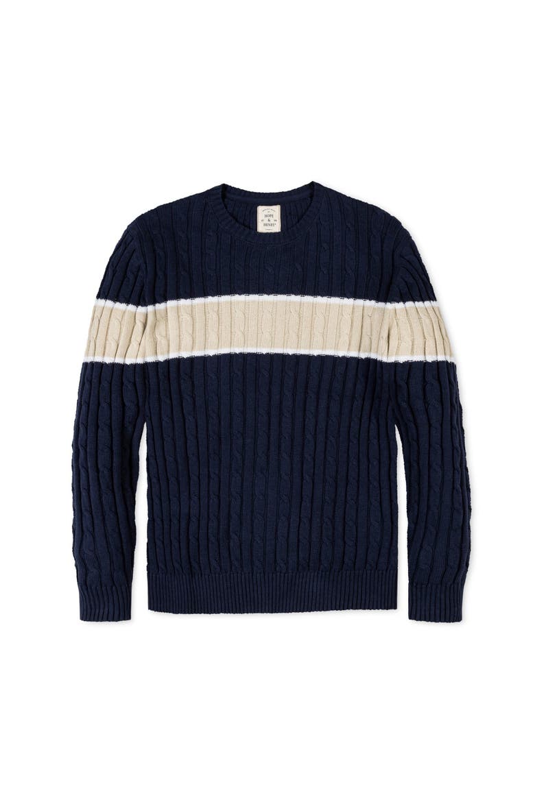 Organic Crew Neck Cable Sweater, Alternate, color, Navy Chest Stripe