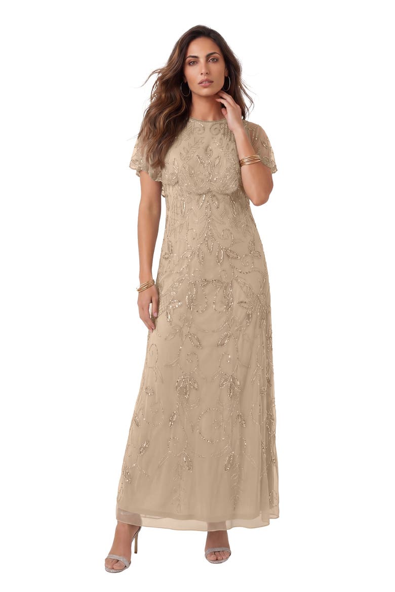 Plus Size Beaded Capelet Maxi Gown Glam Evening Dress, Alternate, color, SPARKLING CHAMPAGNE