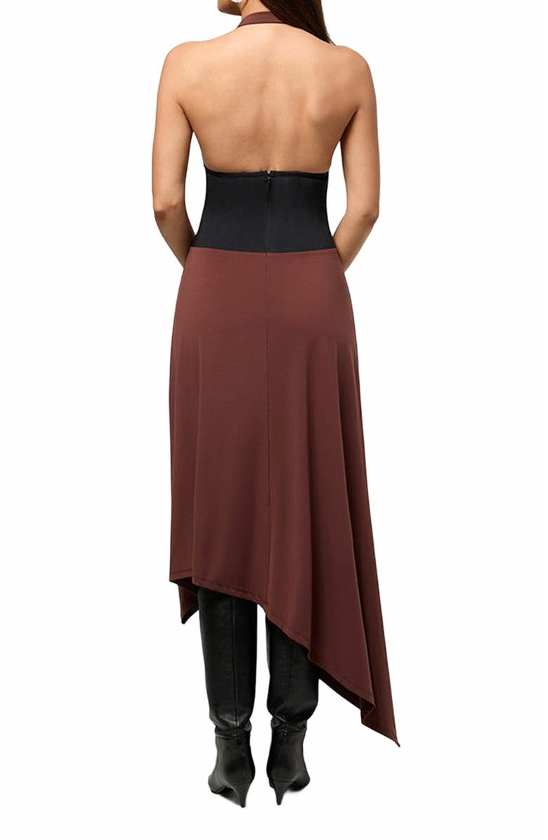 WeWoreWhat Corset Halter Asymmetrical Midi Dress, Alternate, color, Chocolate/Black