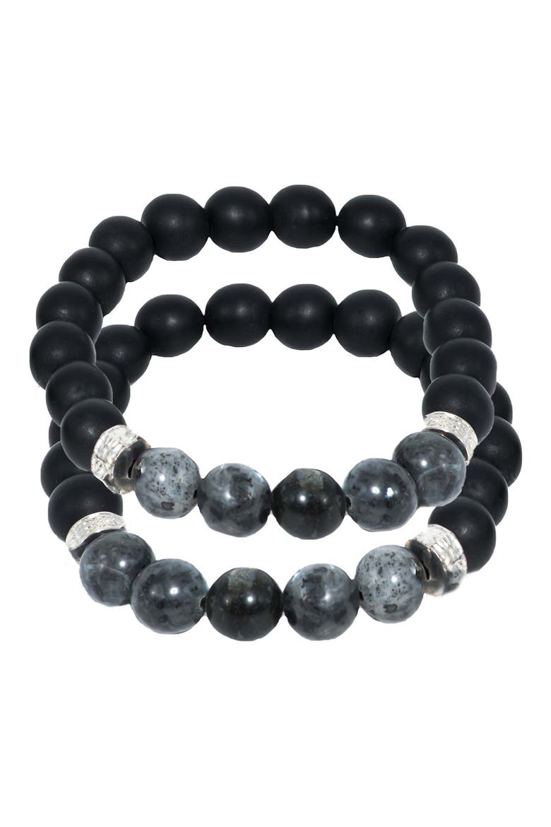 Black Wood & Grey Labradorite Beaded Stretch Bracelet Set, Alternate, color, GUN METAL