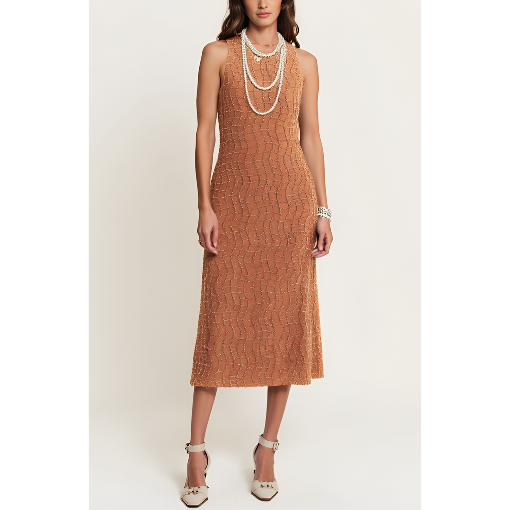 Modenaire Hand-embellished Sleeveless Midi Dress In Brown/tan