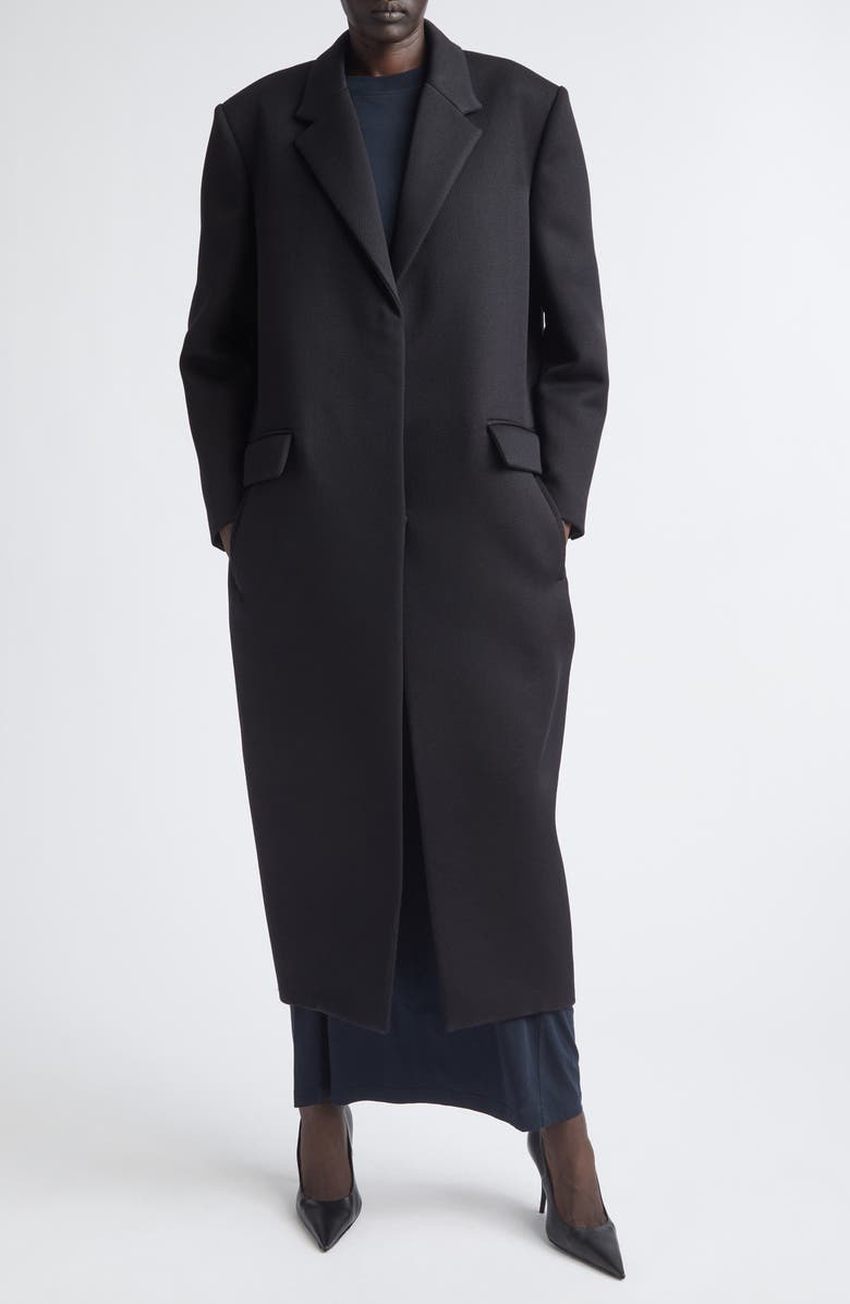 Balenciaga Wool Gabardine Long Sack Coat, Main, color, 1000 Black